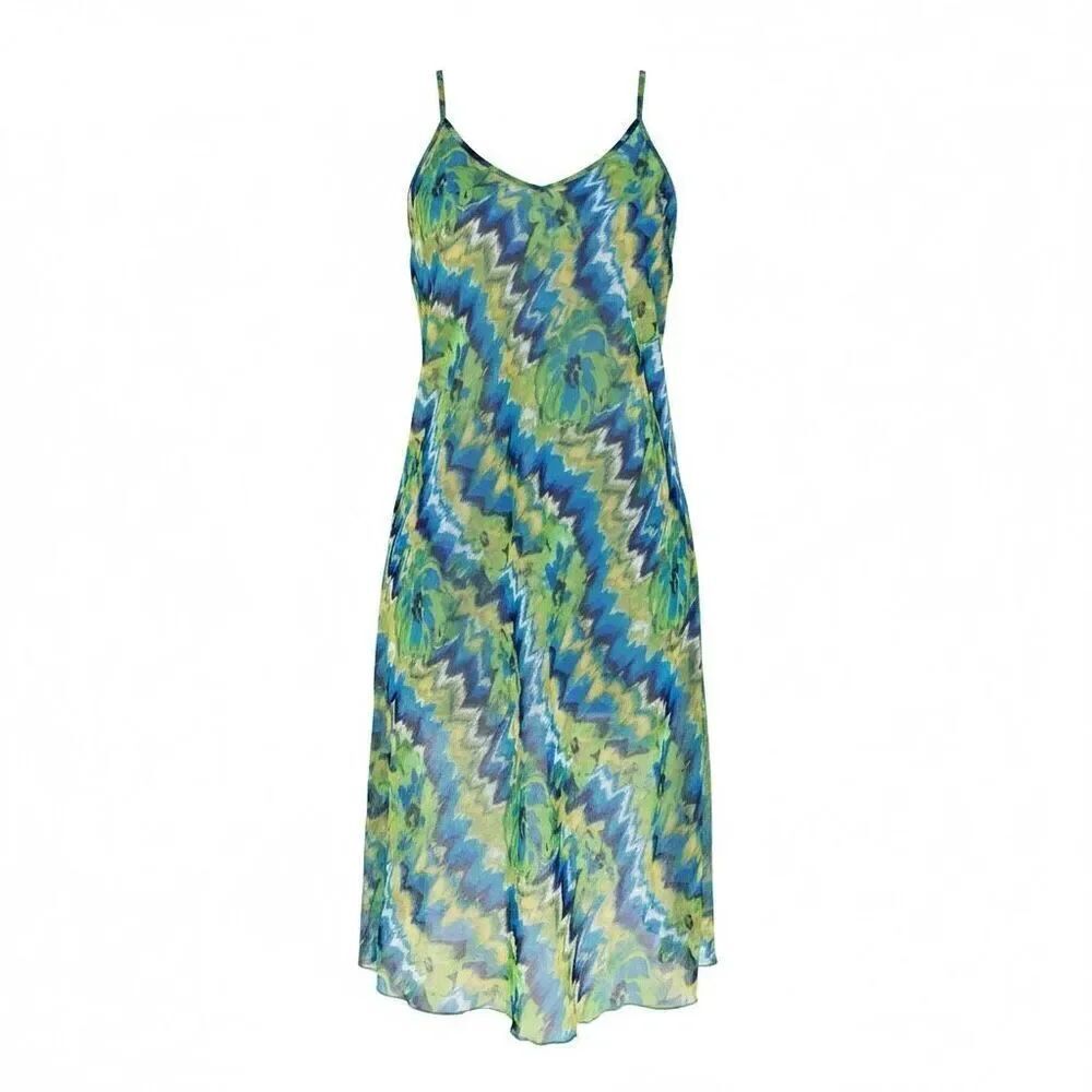 RBR Lime Blue Chevron Floral Artsy Sheer Fairy Tank Lined Midi Dress L New